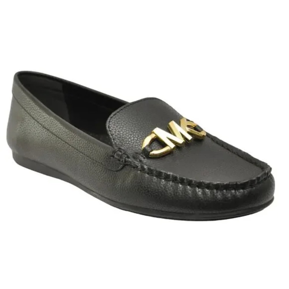 Michael Kors Reed Black Leather Loafers with Gold MK Emblem